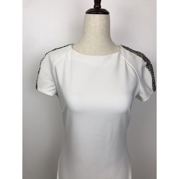 Zara Trafaluc Sheath Dress Beaded Shoulder Mini Stretch Ivory - Picture 2 of 8